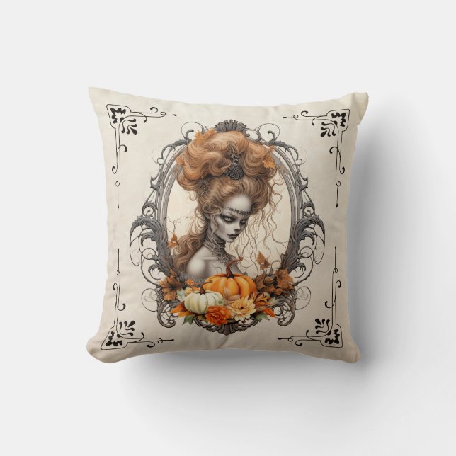 Goth Creepy Lady Pumpkins Cushion (Front)