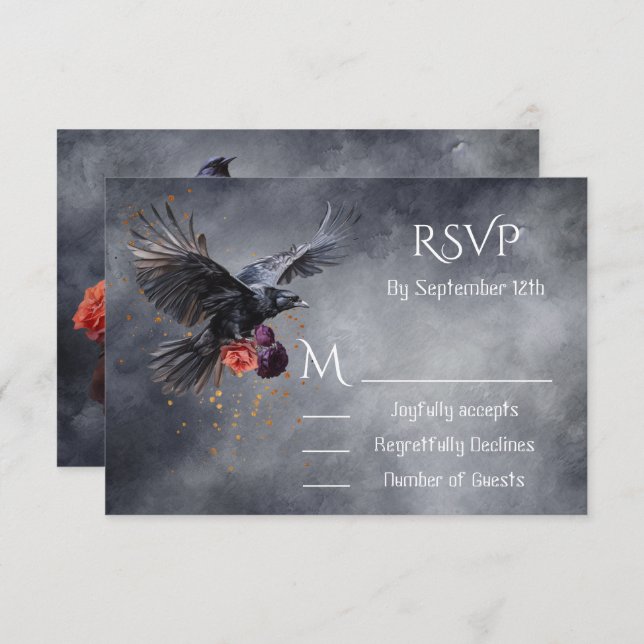 Goth Crow Floral Wedding response cards RSVP (Front/Back)