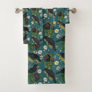 Goth Crows & Black Roses Deep Teal Pattern Bath Towel Set