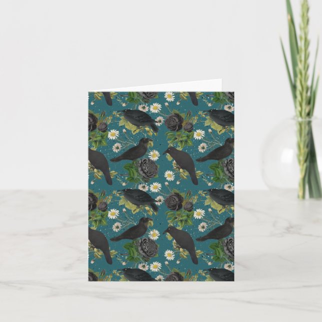 Goth Crows & Black Roses Deep Teal Pattern Card (Front)