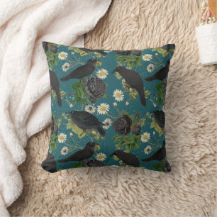 Goth Crows & Black Roses Deep Teal Pattern Cushion
