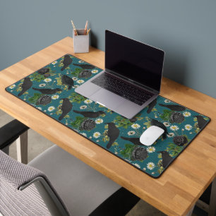 Goth Crows & Black Roses Deep Teal Pattern Desk Mat