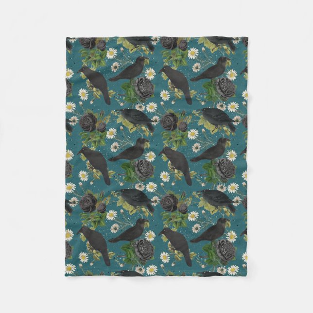 Goth Crows & Black Roses Deep Teal Pattern Fleece Blanket (Front)