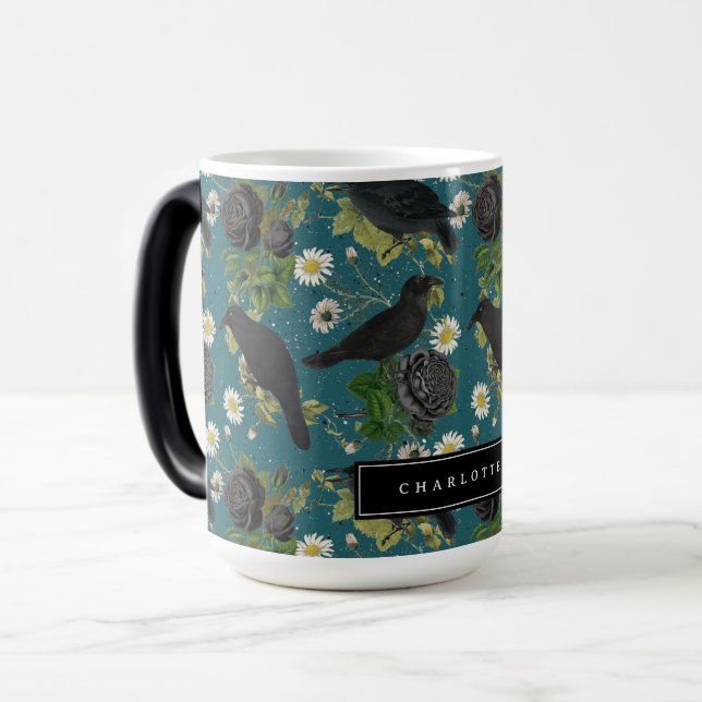 Goth Crows & Black Roses Deep Teal Pattern Magic Mug (Front Left)