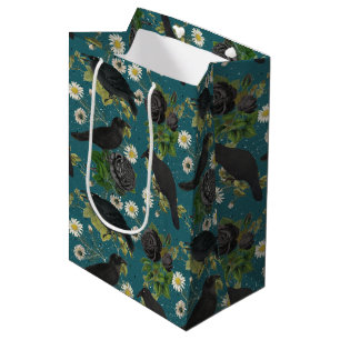 Goth Crows & Black Roses Deep Teal Pattern Medium Gift Bag