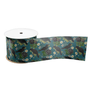 Goth Crows & Black Roses Deep Teal Pattern Satin Ribbon