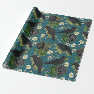 Goth Crows & Black Roses Deep Teal Pattern Wrapping Paper