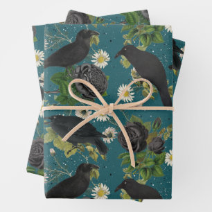 Goth Crows & Black Roses Deep Teal Pattern Wrapping Paper Sheet