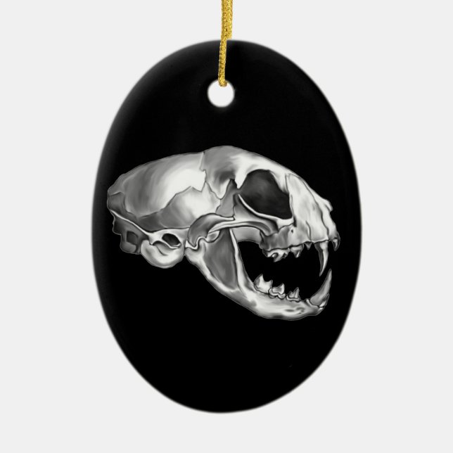 Goth Dead Cat Skull Silver Feline Skeleton Ceramic Tree Decoration (Front)