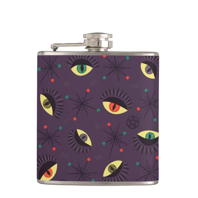 Goth Eyes Witchy Purple Pattern Occult Hip Flask (Front)
