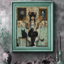 Goth Fairy with Ghost Sitting on Toilet Quirky Art