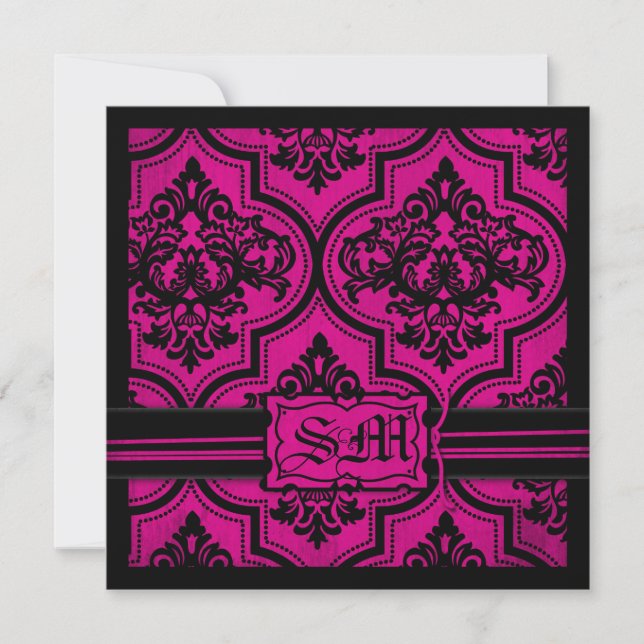 Goth Fuchsia Black Damask Wedding Invitations (Front)