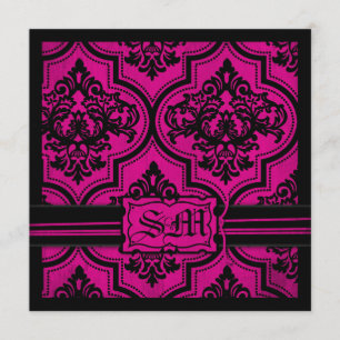 Goth Fuchsia Black Damask Wedding Invitations