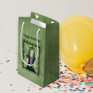 Goth Girl Black Barbed Branch Frame Green Birthday Small Gift Bag