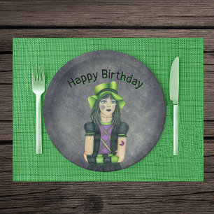 Goth Girl Green Hair Tattoos Dark Grey Birthday Paper Plate