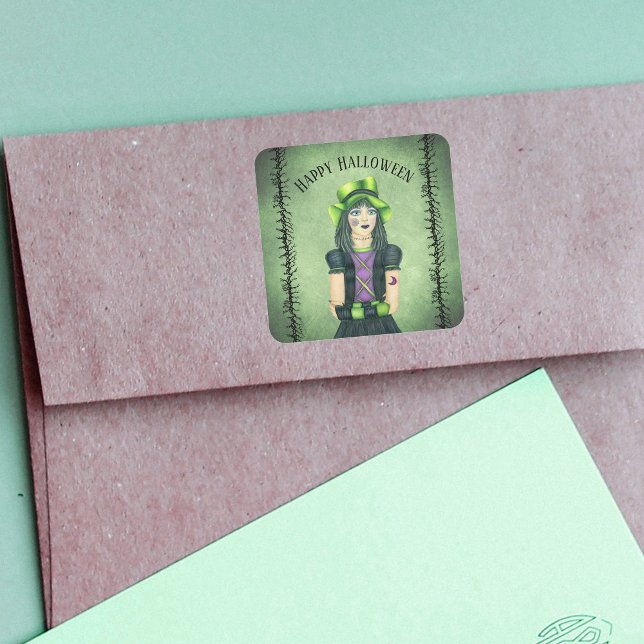 Goth Girl Green Hat Pretty Eyes Barbed Branches Square Sticker (Gothic girl tattoos green eyes black barbed branches on grunge green Halloween stickers.)