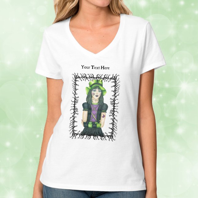 Goth Girl Green Hat Tattoos Barbed Black Branches T-Shirt (Pretty Goth girl green hat tattoos framed in black barbed branches on woman's tee shirt.)