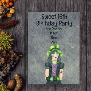 Goth Girl Green Hat Tattoos Glowing Grey Birthday Acrylic Invitations