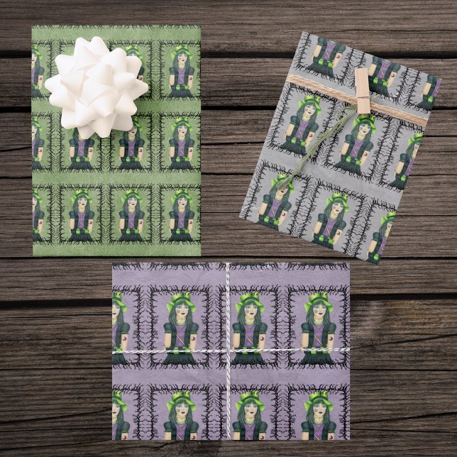 Goth Girl Green Hat Tattoos in Barbed Branch Frame Wrapping Paper Sheet (Cute Goth Girl green hat tattoos black barbed branch frame on green, grey and purple gift wrap sheet)