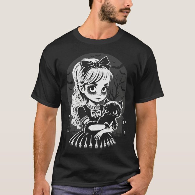Goth Girl Holding A Black Cat On Halloween Night T-Shirt (Front)
