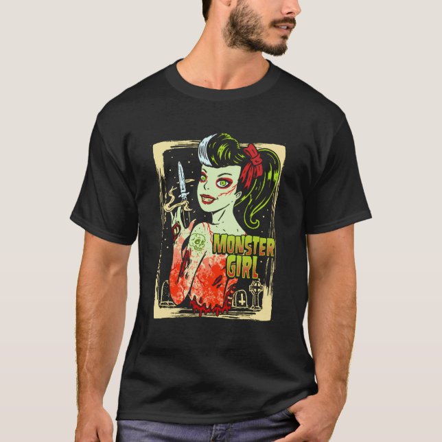 Goth Girl Monster Pinup Zombie Rockabilly T-Shirt (Front)