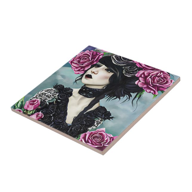 Goth Girl pink Roses fantasy art Tile (Side)