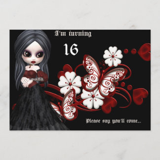 Goth Girl with Butterflies Sweet 16 Birthday Invitation