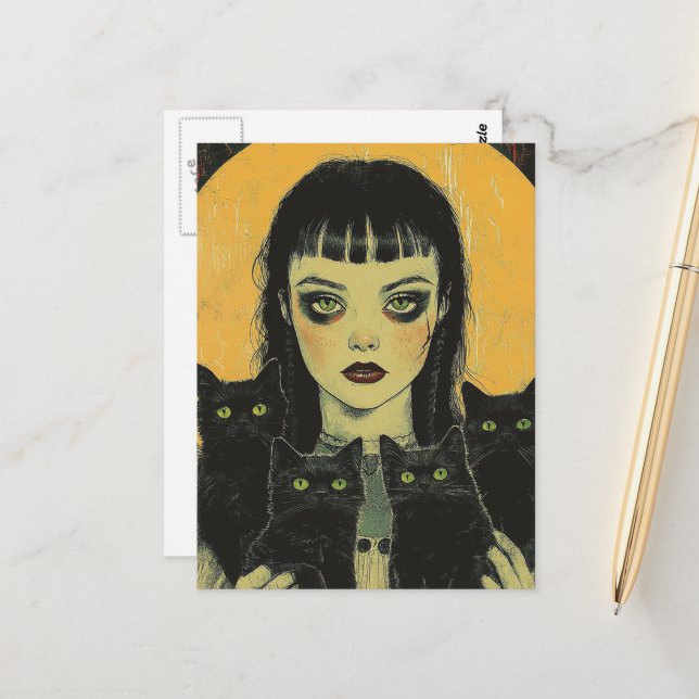 Goth Girl With Four Black Cats Postcard (Front/Back In Situ)