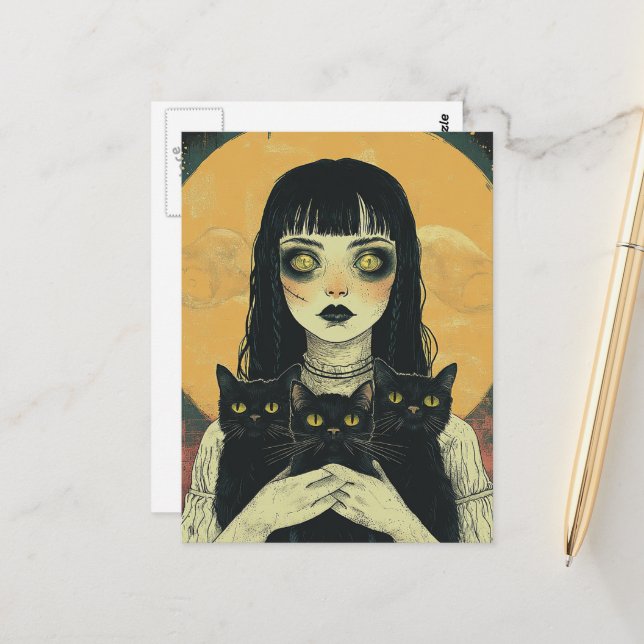 Goth Girl With Three Black Cats Postcard (Front/Back In Situ)