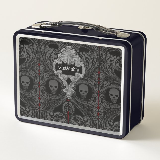 Goth Grey Ornament with Skull Personalised Metal Lunch Box (Back)