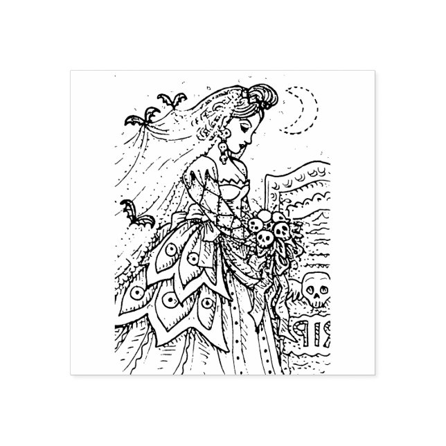 GOTH HALLOWEEN BRIDE, BAT VEIL, BOUQUET OF SKULLS RUBBER STAMP (Imprint)