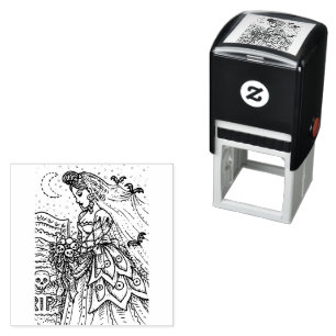 GOTH HALLOWEEN BRIDE, BAT VEIL, BOUQUET OF SKULLS SELF-INKING STAMP