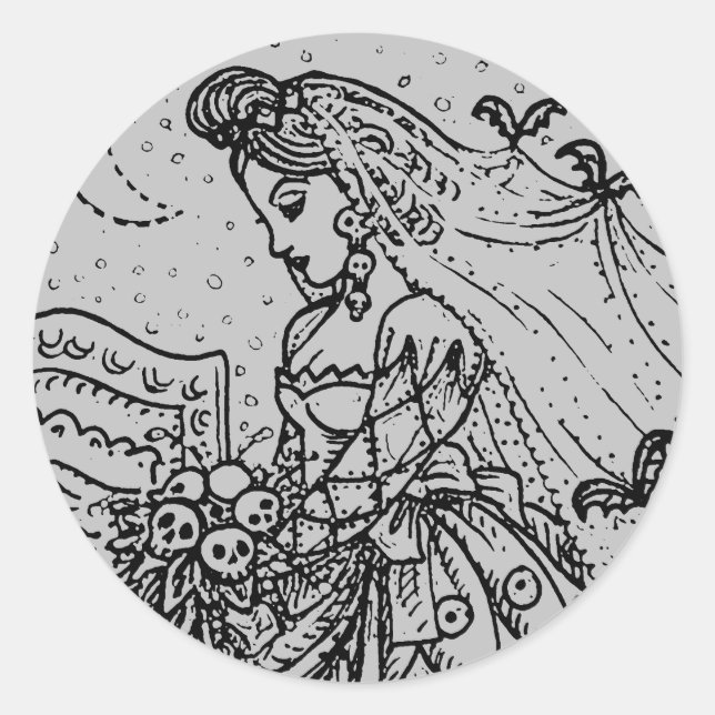 GOTH HALLOWEEN BRIDE, BATS, VEIL, SKULL BOUQUET CLASSIC ROUND STICKER (Front)