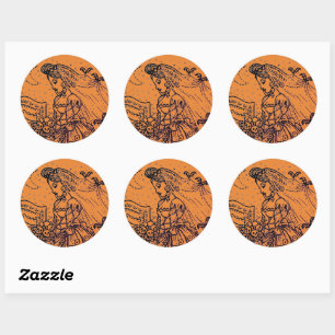 GOTH HALLOWEEN BRIDE, BATS, VEIL, SKULL BOUQUET CLASSIC ROUND STICKER