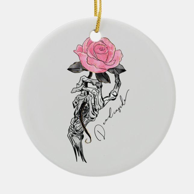 Goth Hand Skeleton With Pink Rose | Dead Inside Ceramic Tree Decoration (Front)