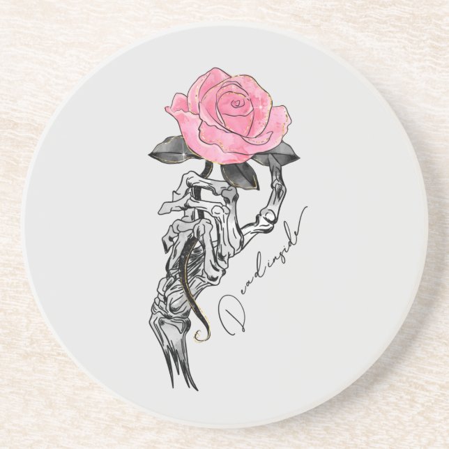Goth Hand Skeleton With Pink Rose | Dead Inside Coaster (Front)