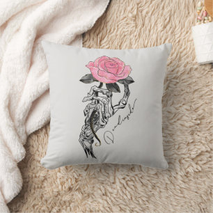 Goth Hand Skeleton With Pink Rose   Dead Inside Cushion