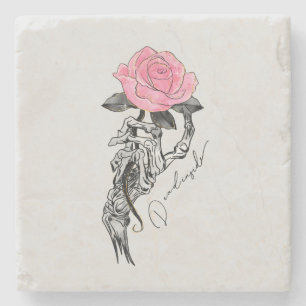 Goth Hand Skeleton With Pink Rose   Dead Inside Stone Coaster