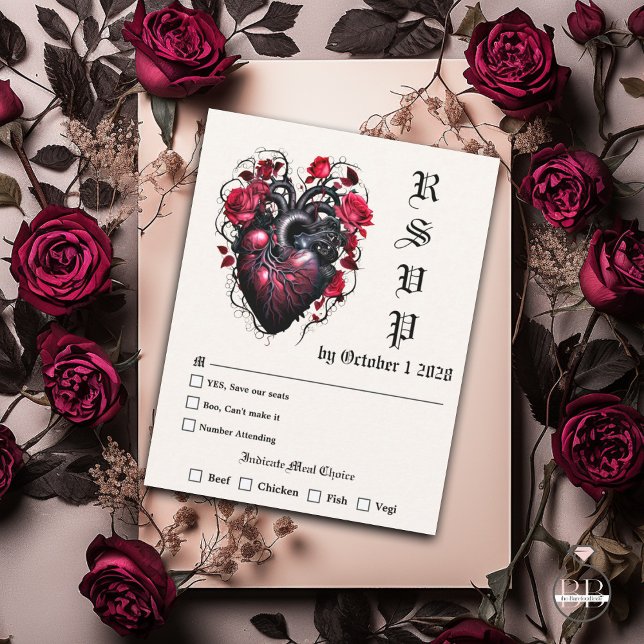 Goth Heart and Roses Crimson Cherry  RSVP Card (Creator Uploaded)