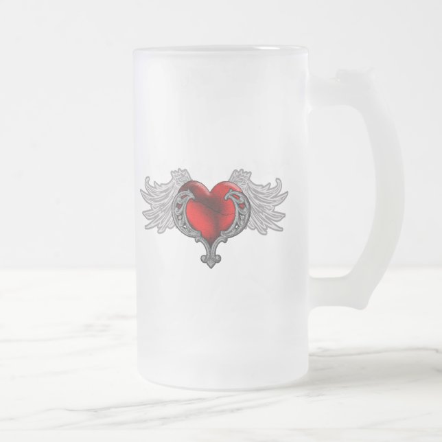 Goth Heart with Angel Wings Frosted Glass Beer Mug (Right)
