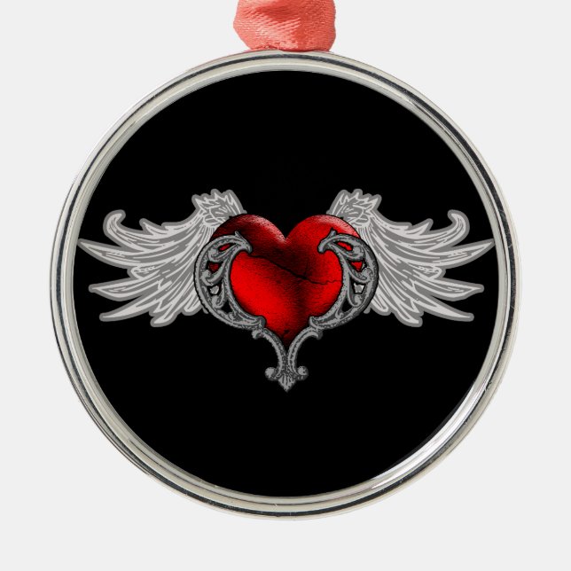 Goth Heart with Angel Wings Metal Tree Decoration (Front)