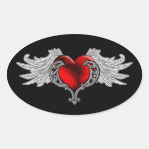 Goth Heart with Angel Wings Oval Sticker