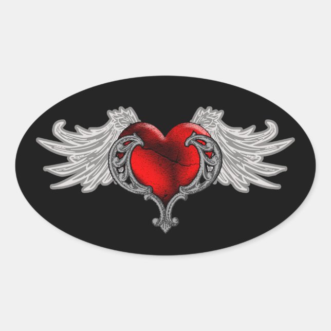 Goth Heart with Angel Wings Oval Sticker (Front)