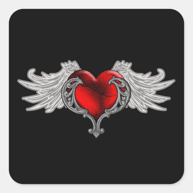 Goth Heart with Angel Wings Square Sticker (Front)