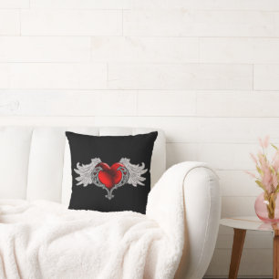 Goth Heart with Angel Wings Throw Pillow