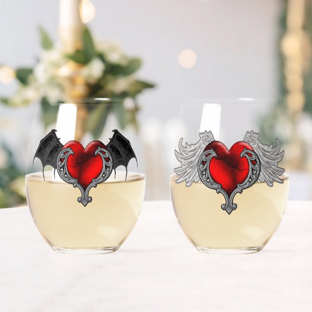 Goth Heart with Bat Wings,Angel Wings Stemless Wine Glass (Insitu (Wedding))