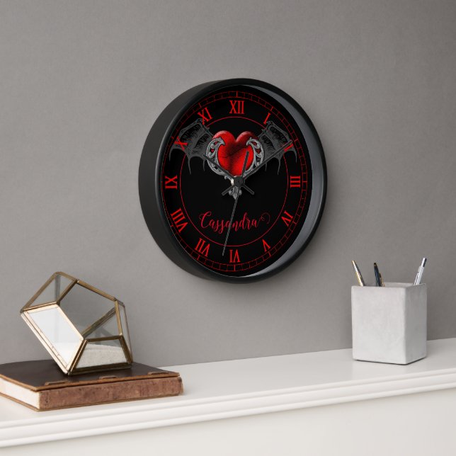 Goth Heart with Bat Wings Personalised Clock (Office)