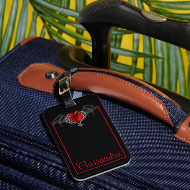 Goth Heart with Bat Wings Personalised  Luggage Tag (Front Insitu 1)