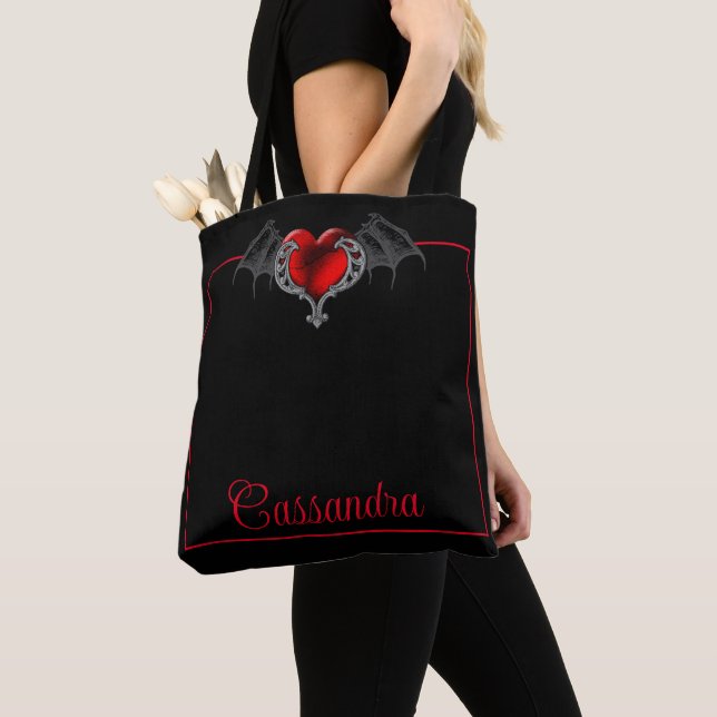 Goth Heart with Bat Wings Personalised Tote Bag (Close Up)