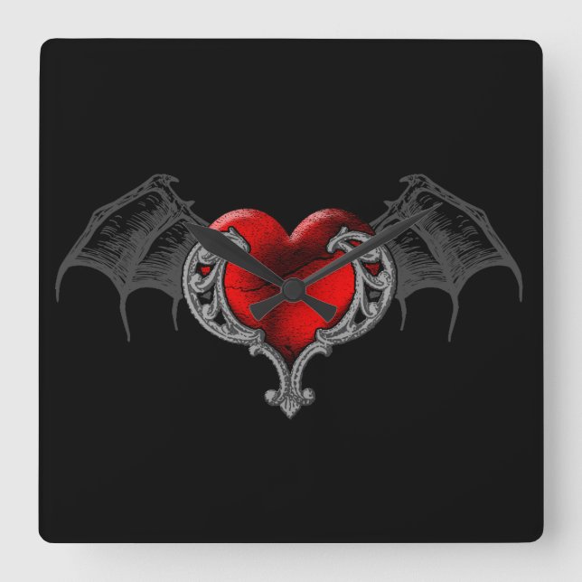 Goth Heart with Bat Wings Wall Clock (Front)